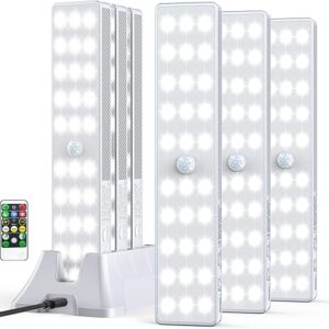 LED Closet Light with Charging Station, 6 Pcs Dimmer Rechargeable Motion Sensor Under Cabinet Lighting with Remote Control, Wireless Stick-A…