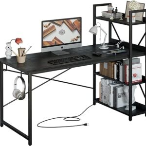 IRONCK Computer Desk 55″ with Power Outlet and Storage Shelves, Study Writing Table with USB Ports Charging Station, PC Desk Workstation fo…