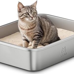 Stainless Steel Cat Litter Box with Handle, Metal Kitty Litter Box for Small Cats, Non-Stick, Easy to Clean, Odor-Free, 15.6″×11.6″×3.9″, S…