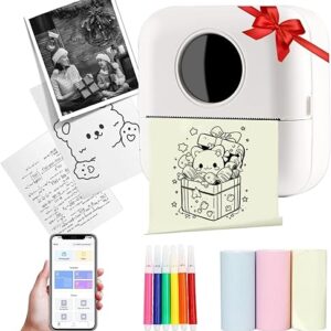 Mini Sticker Printer – Portable Wireless Thermal Printer with 3 Roll of Paper + 5 Colour Pencils,App Free, Easy to Use – for Diaries, Memos…