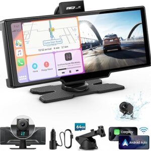 Portable Apple Carplay Screen, 10’’ Car Stereo Wireless Car Play & Android Auto Touch Screen, 4K Dash Cam, 1080P Backup Camera, Mirror Link…