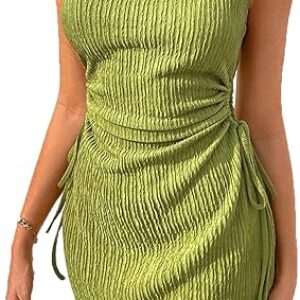 Acelitt Womens Summer Sleeveless Side Cut Out Drawstring Ruched Mini Wedding Guest Dress(Too Large, Please Size Down)