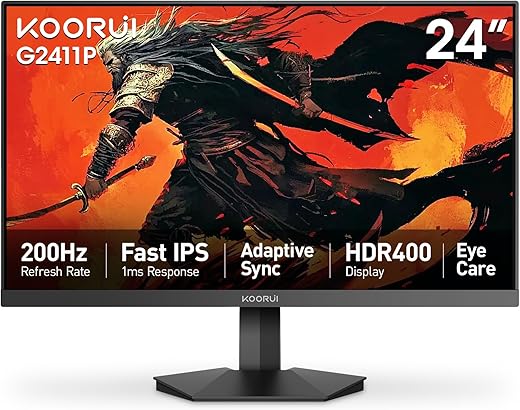 KOORUI Gaming Monitor, 24" Fast IPS Computer Monitor, 200Hz FHD HDR400 Display, 1ms PC Screen, 90% DCI-P3 Color Gamut, Adaptive Sync, Ultra...