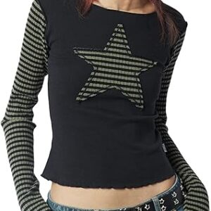 Women Vintage Star Pattern Stripes Patchwork T Shirts Long Sleeve Crew Neck Crop Top Casual Y2K 90s Streetwear