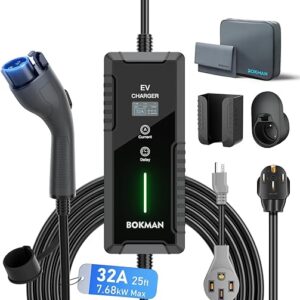 bokman Portable Level 2 EV Charger (240V,32A) with 25ft Charging Cable and NEMA 14-50 for SAE-J1772 Electric Vehicles, Current Adjustable a…