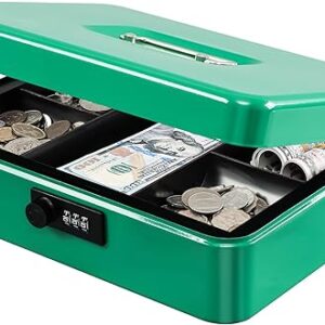 KYODOLED Metal Cash Box with Combination Lock Money Box for Cash Safe Metal Box with Money Tray for Security Lock Box 11.81″x 9.45″x 3.54″ …