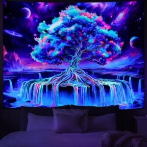 Obsecolors Blacklight Tree of Life Tapestry UV Reactive Waterfall Tapestry Galaxy Space Aesthetic Tree Wall Tapestries Colorful Starry Sky …