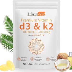Vitamin D3 K2,D3 K2 Vitamin Supplement,Vitamin D3 and K2,D3 K2 Vitamin Supplement,Replenish Vitamin D3 K2 Coconut Oil Softgels (120)