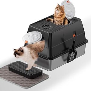 Stainless Steel Cat Litter Box with Lid, XL Large Extral Enclosed Metal Litter Box with Litter Scoop&Double Layer Litter Mat,Anti-Leakage, …