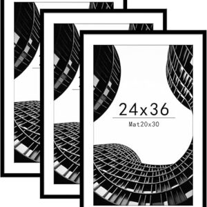Abtgt 24×36 Poster Frame Set of 3, Display Pictures 20 x 30 with Mat or 24 x 36 Without Mat, Picture Frame for Wall Mounting Display, Black