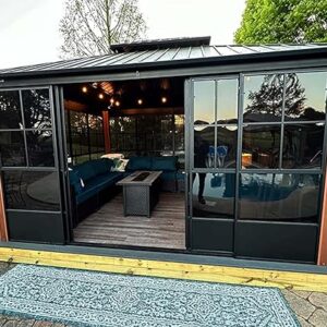PURPLE LEAF 12′ X 14′ Patio Hardtop Gazebo Double Top Outdoor Screen House Aluminum Solarium Backyard Sun Room with Detachable Windows