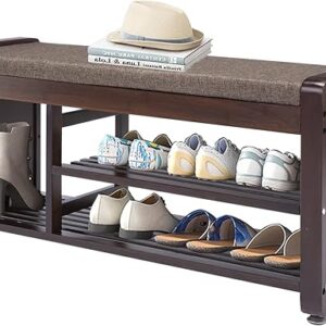 Bamboo Shoe Bench with Cushion and Hooks