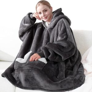 Touchat Wearable Blanket Hoodie, Oversized Sherpa Fleece Sweatshirt Blanket with Giant Hood Pocket and Sleeves for Adult, Warm & Cozy Grey …