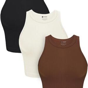 OLCHEE Womens 3 Pack Crop Tank Tops Basic Seamless Ribbed Round High Neck Racerback Workout Top Summer Causal Yoga Gym Shirts