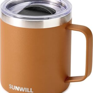 SUNWILL Insulated Coffee Mug with Lid, Travel Tumbler with Handle, 14 oz Stainless Steel Cup for Camping, Office, Home, Powder Coated Caram…