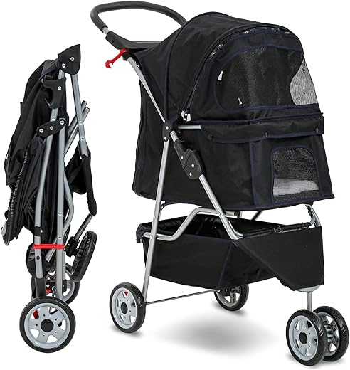 HCY Folding 3-Wheel Dog Stroller - Black