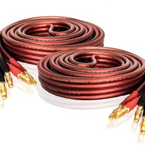 LONPOO 14 Gauge Speaker Wire, Oxygen Free Pure Copper Speaker Cable with 245 Strands Gold Plated Banana Plugs,6.6 Feet 2 Pack for Stereo an…