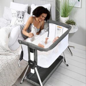 INFANS Baby Bassinet Bedside Crib, Newborn Sleeper w/Large Storage Basket, Adjustable Heights, Detachable &Washable Mattress, Breathable Me…