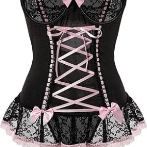 Sexy Rave Mesh Corset Ruffle Lace Up Underwire Sheer Garter Belt Babydoll Lingerie Set With Thong 3 Piece Women