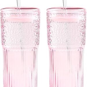 GOSCHE Glass Coffee Cups with Lids and Straws, 20oz Drinking Jar Glass Tumbler for Iced Coffee, Vintage Ripple Glassware Smoothie Cups, Pink, 2Pcs