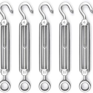 Muzata 5 Pack M4 Turnbuckle Hook and Eye Turnbuckles for Cable Wire T304 Stainless Steel Cable Tensioner Heavy Duty Wire Rope Kit for DIY S…