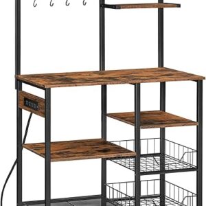 HOOBRO Large Bakers Rack with Power Outlets, 6-Tier Microwave Stand with 4 Hooks, Coffee Bar, Kitchen Shelf with Wire Basket, for Kitchen, L…
