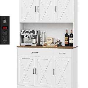 HOSTACK 71″ Pantry Cabinet with Charging Station, Tall Kitchen Pantry Storage Cabinet with Microwave Stand, Farmhouse Kitchen Hutch with Storage Drawers for Living Room, Dining Room, White