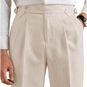 Men’s Linen Pants Business Casual Pleated Dress Pants Beach Summer Lightweight Linen Trousers