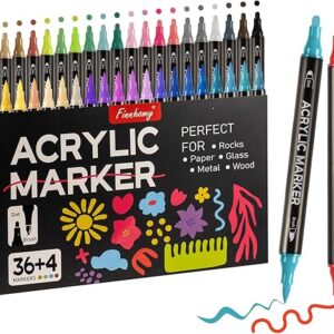 Finnhomy 36+4 Colors Acrylic Paint Markers, Dual Tip Acrylic Paint Pens with Dot and Brush Tip for DIY Crafts, Acrylic Markers with 4 Addit…