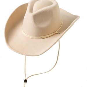 Lanzom Women Men Retro Felt Wide Brim Western Cowboy Cowgirl Hat Dress Up Hat with Wind Lanyard