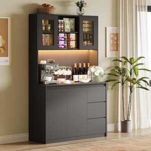 Kitchen Pantry Cabinet with Led Lights and Charging Station, Modern Kitchen Cabinet Hutch Cabinet with Storage and Microwave Stand, Tall Pan…