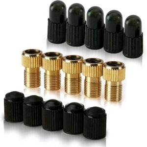 Brass Presta Valve Adaptor (Pack of 5 + 10 Caps) – Convert Presta to Schrader for All Types of Bikes, e-Bikes, and e-Scooters – Inflate Tire…