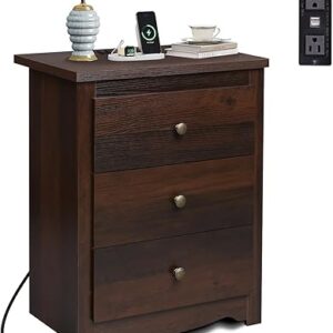 WLIVE Tall Nightstand with Charging Station, Wood Nightstand with 3 Drawers, Bedside Tables Bedroom, Dorm, End Table with 2 USB Ports and 2…