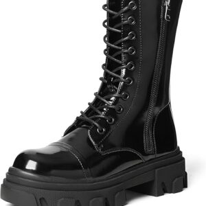 DREAM PAIRS Women’s Combat Boots Lace up Mid Calf Boots Low Heel Chunky Platform Lug Sole Boots