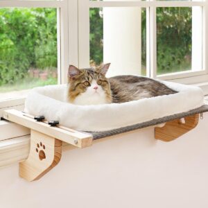 AMOSIJOY Cat Sill Window Perch Sturdy Hammock Window Seat with Cushion Bed Cover, Wood & Metal Frame for Large Cats, Easy to Adjust Cat Bed…