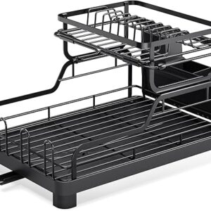 TOOLF 2-Tier Dish Drying Rack Converts to 2 Standalone Drainers, Large Drainboard, Fits Over or Next to Kitchen Sink, Includes Cup and Cutl…