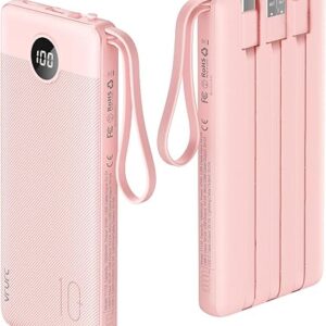 VRURC Portable Charger Power Bank, 10000mAh Travel Essentials Battery Pack, 5 Outputs 2 Inputs Slim Charging Bank Built-in Cables Cords Wir…