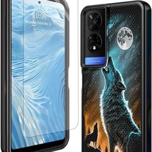 for TCL 50 XE 5G Phone Case T614D 6.56″ 2024 with Tempered Glass Screen Protector Wolf Moon Heavy Duty Protection Dual Layer Soft TPU & Non…