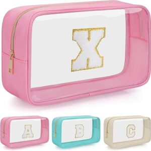 Personalized Initial Letter Clear Makeup Bag, Travel Chenille Patch Cosmetic Bag, Waterproof Toiletry Bag with Zipper for Teen Girls Women …