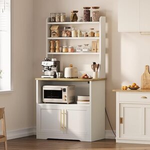 IDEALHOUSE Bakers Rack with Storage Cabinet, Microwave Stand with Power Outlets, Farmhouse Bakers Rack with Thick Table Top, Small Kitchen Bakers Rack for Kitchen,Dining Room,White & Peer Wood