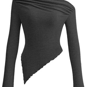 PRETTYGARDEN Women’s Spring Long Sleeve Y2K Crop Top Trendy Off Shoulder Asymmetrical Fitted Knit Tee Shirts Going Out Tops