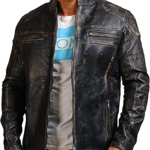 Men’s Vintage Distressed Black Biker Jacket – Genuine Cowhide Leather Jacket with Distressed Finish