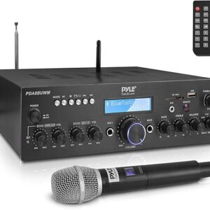 Pyle Wireless Microphone Bluetooth Amplifier-200W Peak Power Dual Channel Stereo Audio Receiver w/USB,AUX in, Dual Mic Inputs w/Echo Contro…