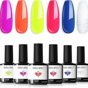 Modelones Neon Gel Nail Polish Set 6 Colors Hot Pink Blue Green Purple Yellow Orange Glitter Gel Nail Polish Set Vibrant Soak Off LED Sprin…