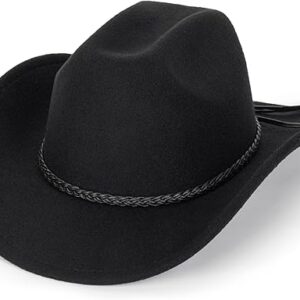 Retro Western Cowboy Hat for Men Women, Wide Brim Felt Cowgirl Fedora Hats with Braided Rope Band M
