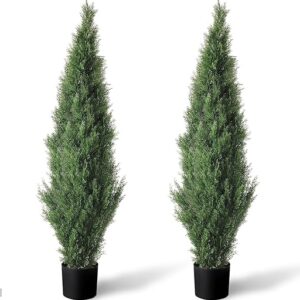 TRESIL Set of 2 Pre-Potted 4 Feet Faux Cedar Tree, Lifelike UV Protected Front Door Decor, Porch, Garden, Entryway Topiary, Indoor/Outdoor …