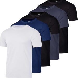 Real Essentials 5 Pack: Men’s Short Sleeve Dry Fit Active Crew Neck T Shirt – Athletic Running Gym Workout Tee Tops