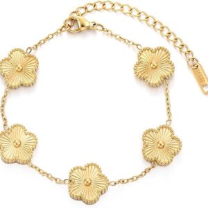 TICVSS Four Leaf Clover Bracelet for Women 18K Gold Plated Stainless Steel Lucky 4 Leaf Gold Link Bracelet Jewelry Gift for Women