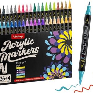 Finnhomy 36+4 Colors Acrylic Paint Markers, Dual Tip Acrylic Paint Pens with Soft Fine Tip and Brush for DIY Crafts, Acrylic Markers with 4…