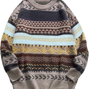 Arssm Mens Vintage Sweater Grandpa Oversized Cable Knit Crewneck Pullovers Casual Long Sleeve Striped Sweater
